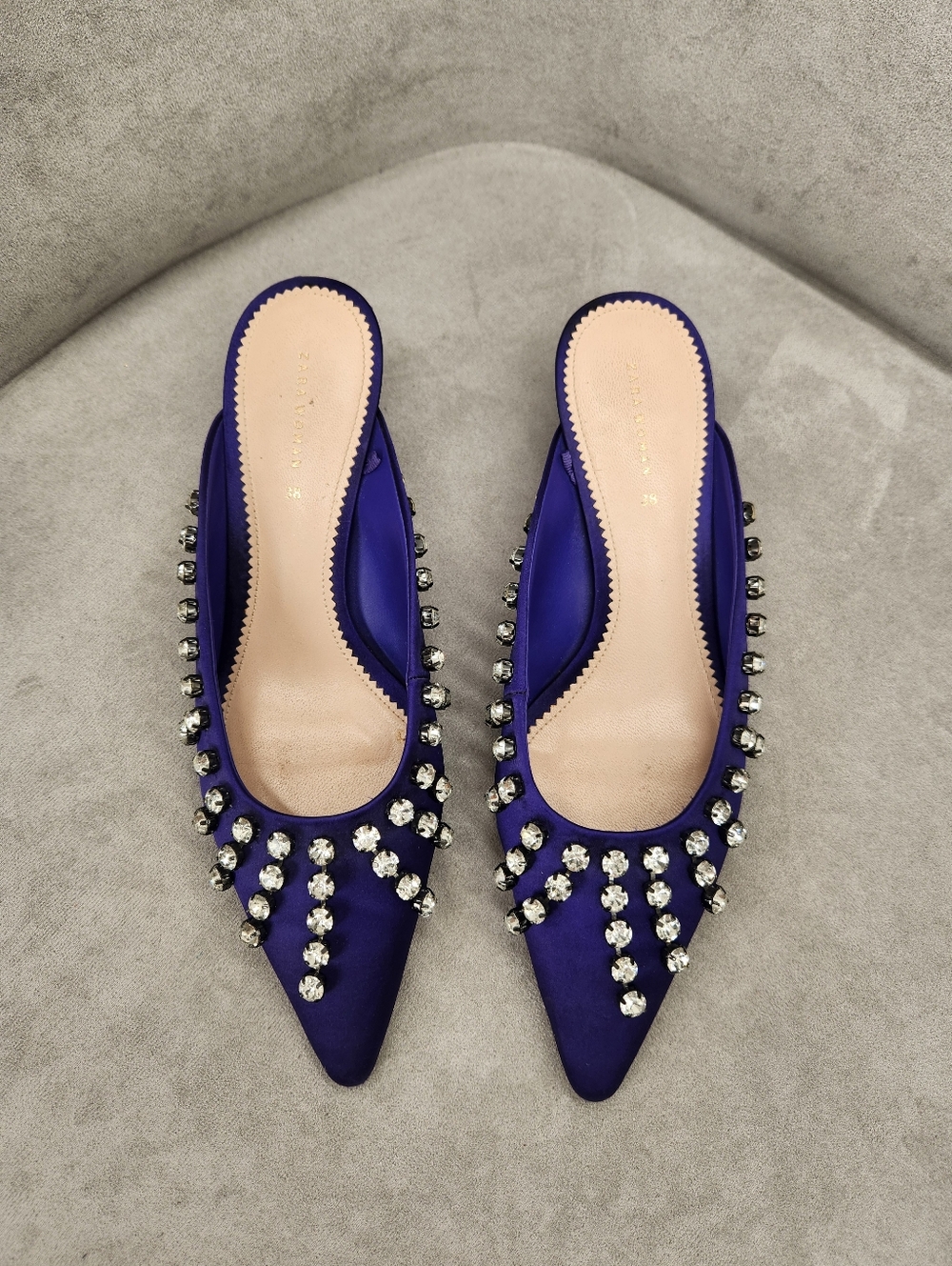 Zara Dress Mules 7.5 Indigo Blue Satin Pointy Rhinestone Jeweled Fringe Kitten